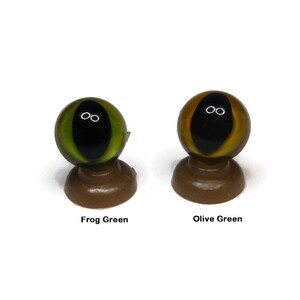May include: Two plastic animal eyes, one is frog green and the other is olive green. Both eyes have black pupils.