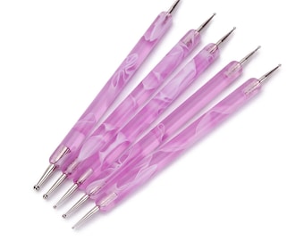 May include: Six nail art dotting tools with a marbled lavender and white design. Each tool has a metal tip on both ends, one for dotting and the other for creating lines. The tools are arranged diagonally against a white background.