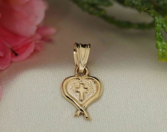 Art and Molly Real 14K Yellow Gold Detailed Heart with Cross Pendant