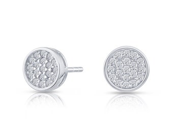 Tiny Sterling Silver Small Pave Disc Stud Earrings with Cubic Zirconia