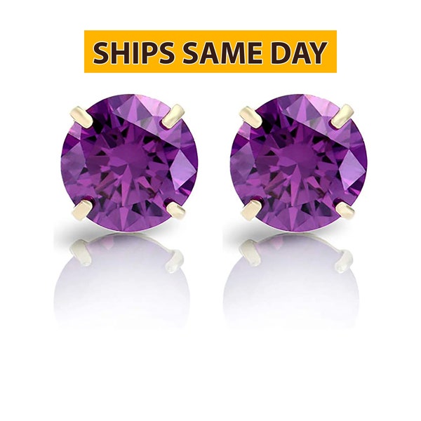 14k Yellow Gold 5mm Amethyst Round-Cut Solitaire Stud Earrings February Birthstone Earrings