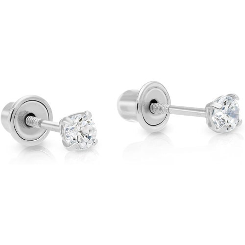 TILO JEWELRY 10K Solid White Gold Solitaire Round CZ Sleeper Stud Earrings – 2.5mm To 8mm – AAAAA CZ – Handmade In USA