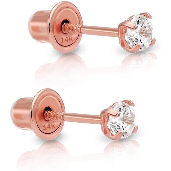 Solid 14k Rose Gold Solitaire Round Cubic Zirconia CZ Stud Earrings with 14k Screw Backs