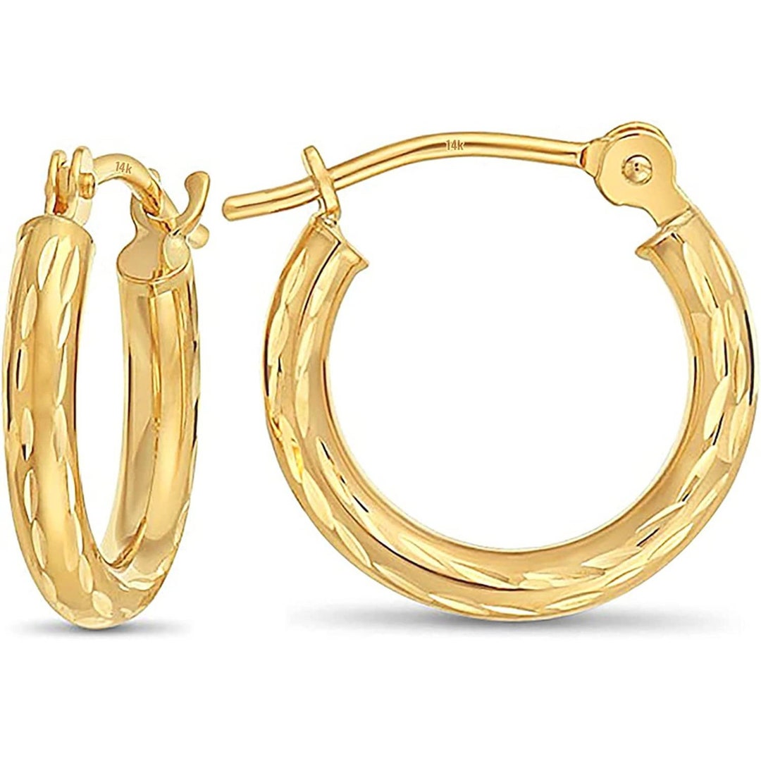 Tiny 14k Yellow Gold Diamond-cut Engraved Hoop Earrings for Baby and ...