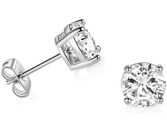 Solid 14k White Gold Solitaire Round Cubic Zirconia CZ Stud Earrings with 14k Gold Butterfly Push Backings,100% Genuine-Hallmark stamped