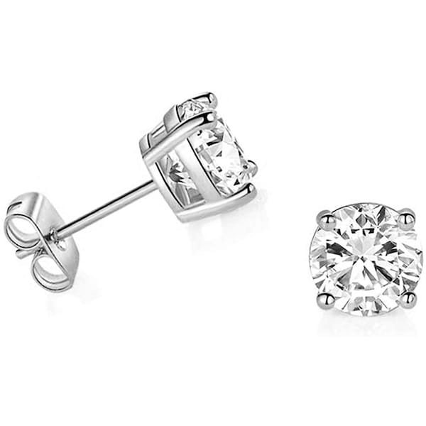Solid 14k White Gold Solitaire Round Cubic Zirconia CZ Stud Earrings with 14k Gold Butterfly Push Backings,100% Genuine-Hallmark stamped