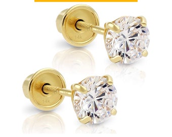 Real Gold Solitaire Earrings Solid 14k Yellow Gold Round Studs, Screw-back, Sleeper CZ Studs