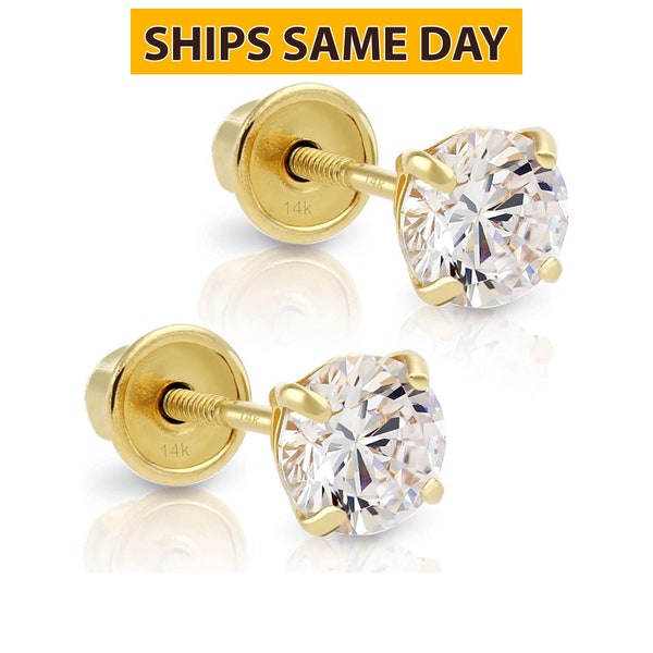 Real Gold Solitaire Earrings Solid 14k Yellow Gold Round Studs, Screw-back, Sleeper CZ Studs