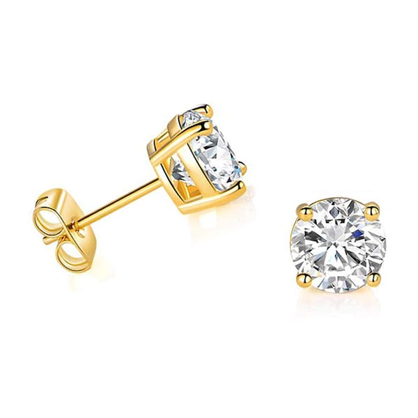 Solid 14k Yellow Gold Solitaire Round Cubic Zirconia CZ Stud Earrings with 14k Gold Butterfly Push Backings,100% Genuine-Hallmark stamped