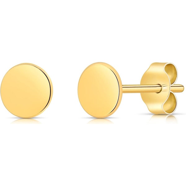 Solid 14K Yellow Gold Round Circle Dot Disc Stud Pushback Earrings for Women and Men