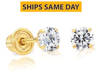 Solid 10k Yellow Gold Solitaire Round Cubic Zirconia Stud Earrings in Secure Screw-backs