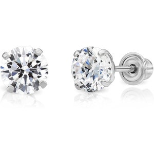 14k Solid White Gold Basket Set Round CZ Stud Earrings, Comfortable ...