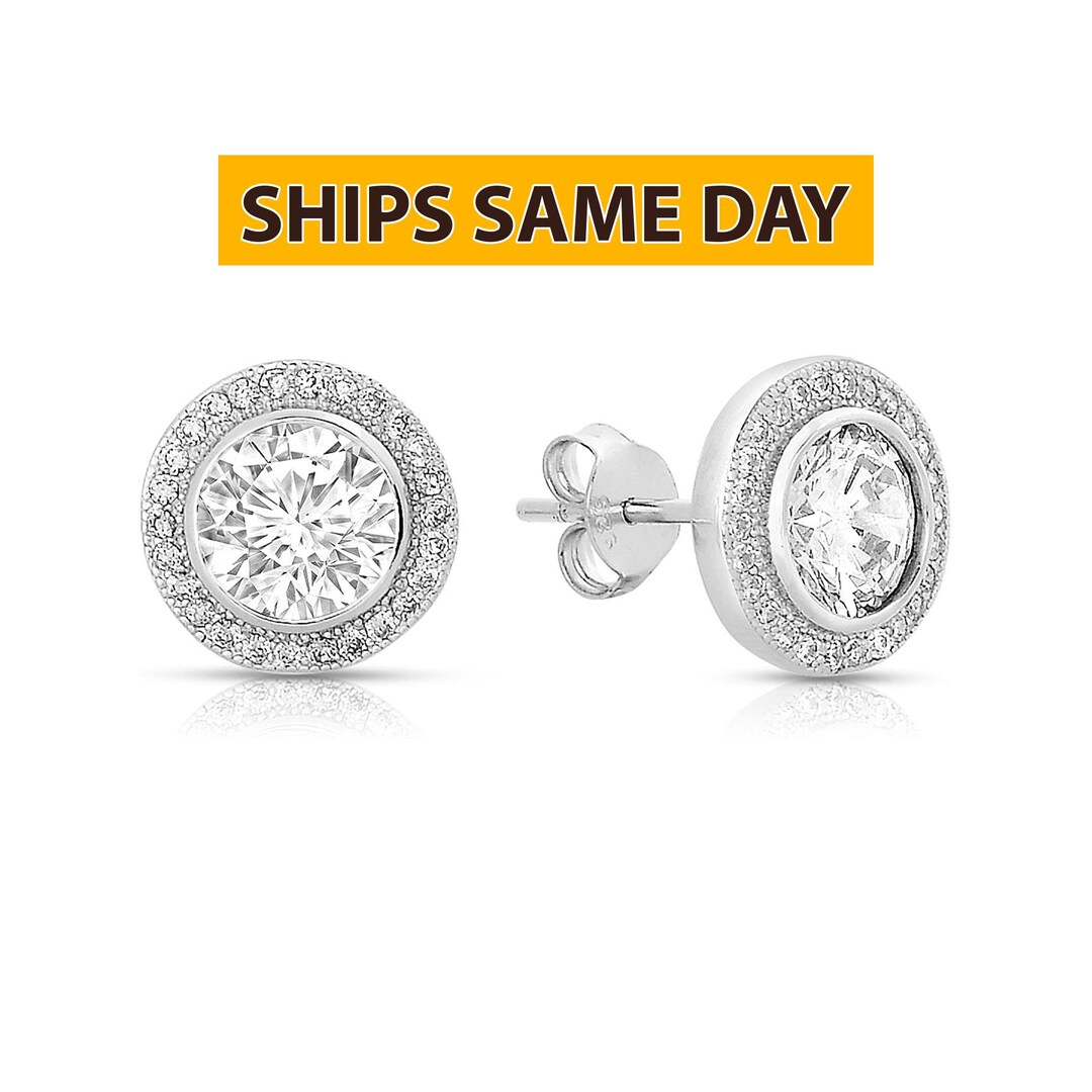 Art and Molly 925 Sterling Silver Cubic Zirconia CZ Halo Stud Earrings