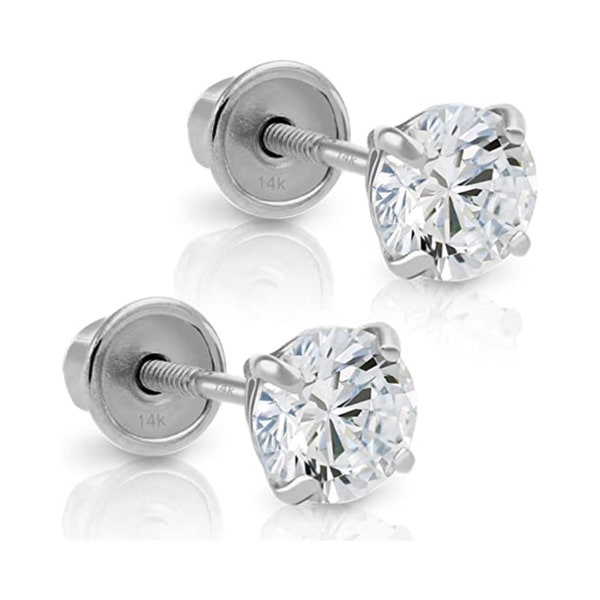 14k White Gold Made with SWAROVSKI Cubic Zirconia Solitaire Stud Earrings with 14k Secure Screw-backs, 100% Genuine