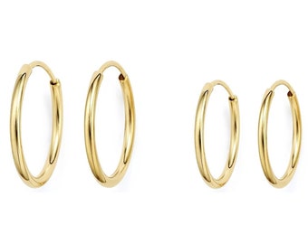 2 Pair Set of Solid 14k Yellow Gold Round Endless Hoop Earrings, 10mm, 12mm