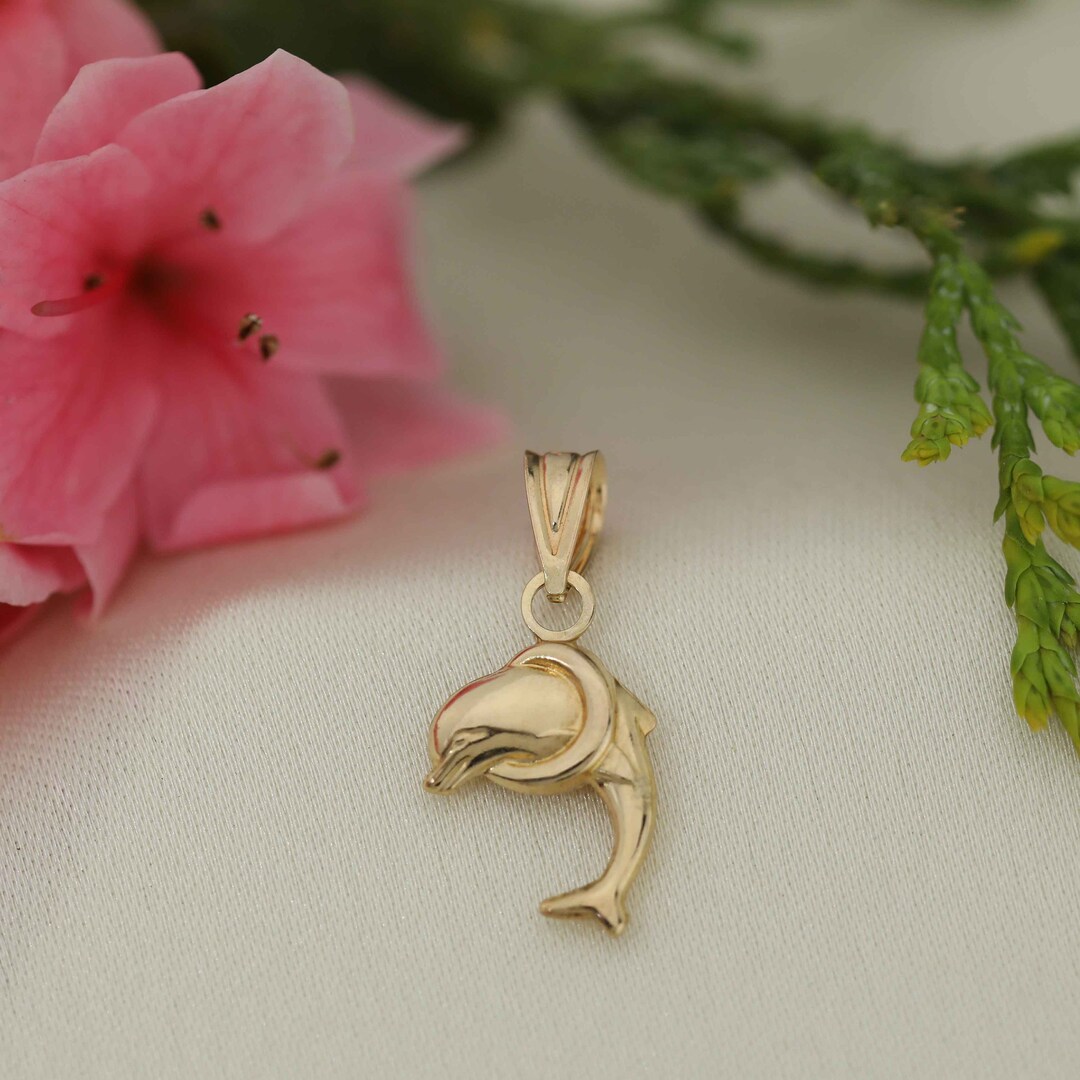 Art and Molly Real 14K Yellow Gold Dolphin Jumping Through Hoop