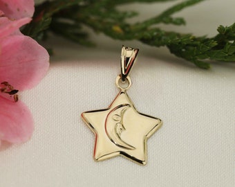 Real 14K Yellow Gold Star and Moon Celestial Pendant