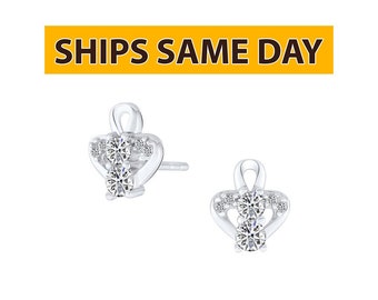 Sterling Silver Heart Crown Stud Earrings with Cubic Zirconia