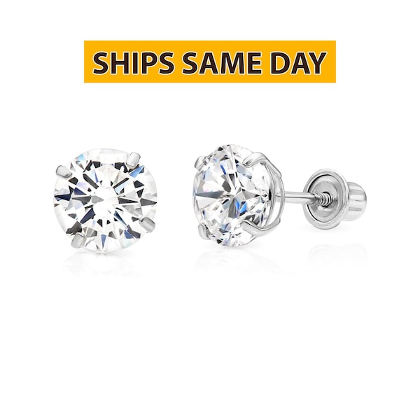 14k Solid White Gold Basket Set Round CZ Stud Earrings, Minimalist Screw back Sleeper Studs, Simulated Diamond, Unisex