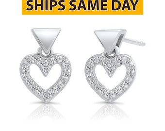 Sterling Silver Heart Stud Dangle Earrings with Cubic Zirconia