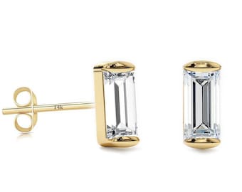 Solid 14K Gold Tiny Baguette Shaped CZ Stud Earring with Cubic Zirconia