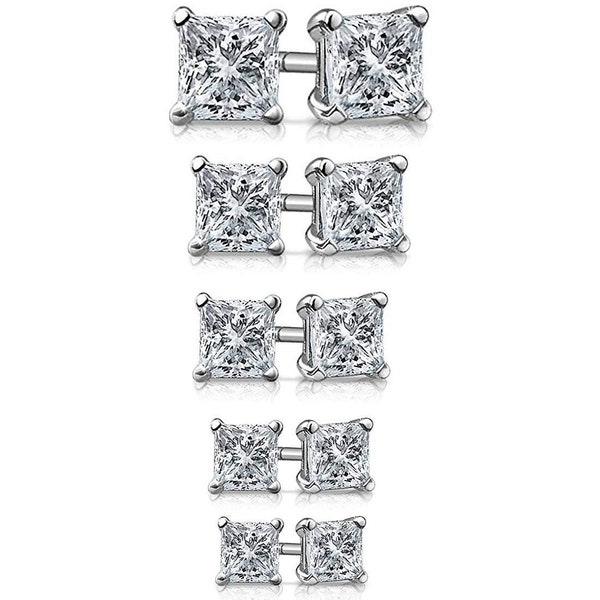 5 Pair Set 925 Sterling Silver Princess-Cut Cubic Zirconia CZ Basket Square Stud Earrings Unisex