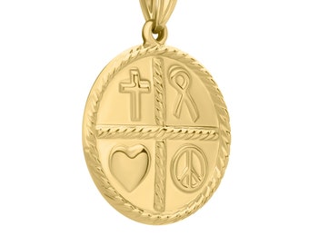 Art and Molly Real 14K Yellow Gold Peace, Love, Red Ribbon, Cross Faith Pendant