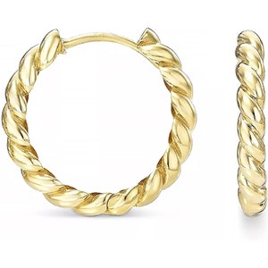 Solid 14k Yellow Gold Twisted Rope Small Round Huggie Hoop Earrings