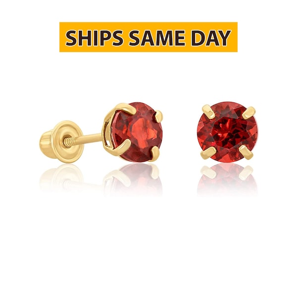 14k Yellow Gold 5mm Garnet Round-Cut Solitaire Stud Earrings with Secure Comfortable Screw Backings