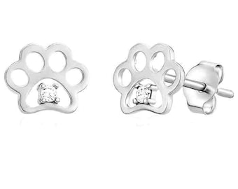 14K White Gold Paw Stud Earring Animal Dog or Cat, Real Gold Studs