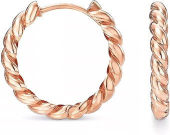 Solid 14k Gold Twisted Rope Round Huggie Hoop Earrings in Rose Gold