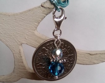 Sixpence 1934 Silver and 925 Sterling Silver.....Something Blue...Bridal Charm.