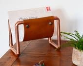 Copper letter holder, Mail organiser, Leather home decor, Leather gift for him, Birthday present for men, Office accessory, Copper furniture