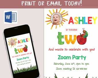 Very / Hungry / Caterpillar / second / 2nd / birthday / editable / invitation / email / invite / evite / printable / instant download