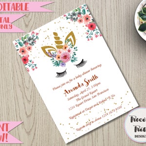 EDITABLE Unicorn Baby Shower, Unicorn Birthday, Baptism,Christening Glitter invitation, printable downloadable invitation, Floral invitation