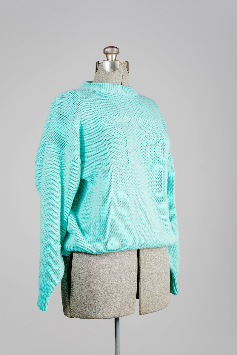 Retro turquoise sweater. Teal sweater with geometric pattern. Etsy