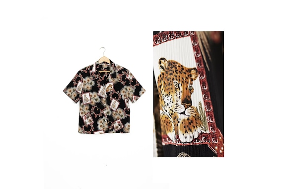 Retro animal print shirt. Leopard summer blouse. L