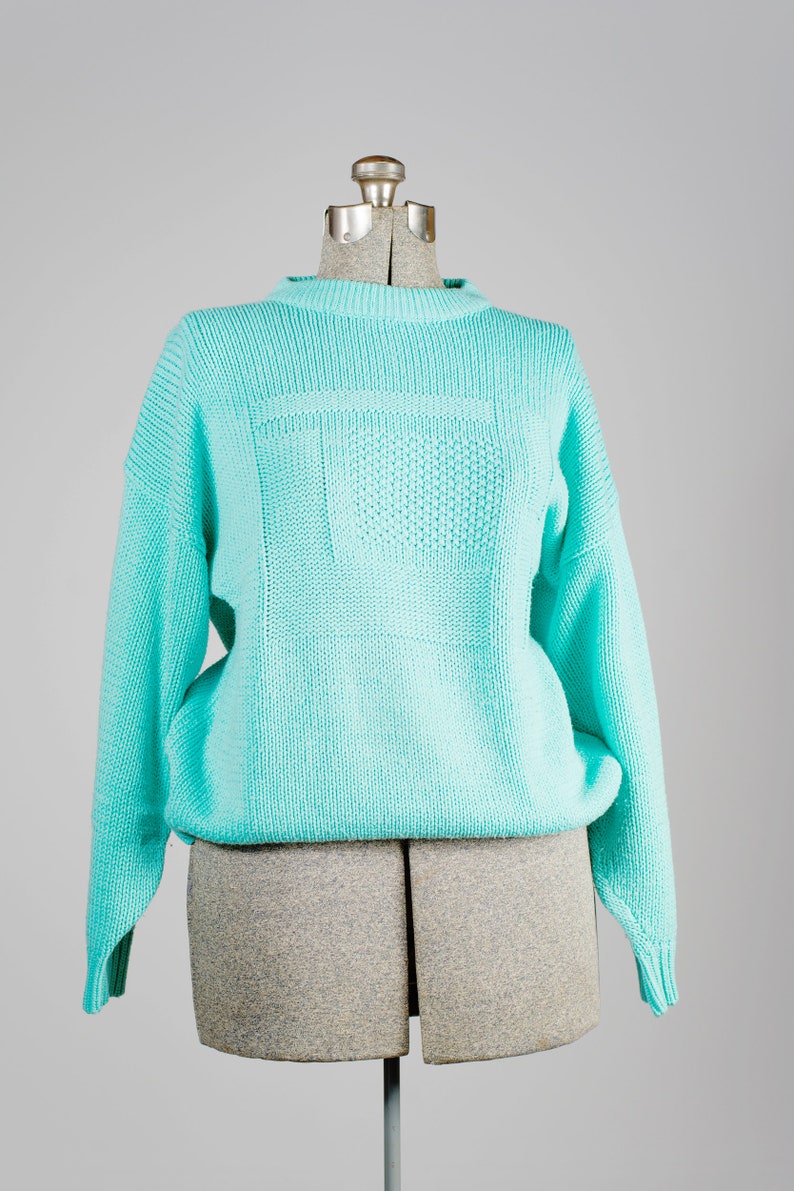 Retro turquoise sweater. Teal sweater with geometric pattern. Etsy