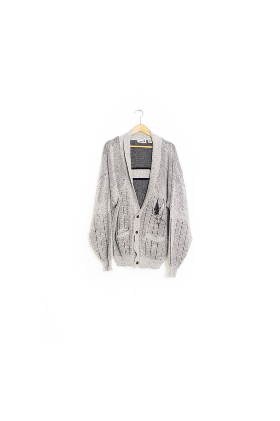 Cardigan oversized wool coat with bird. Grey vinta