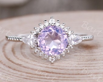 Unique lavender amethyst engagement ring,Moissanite cluster ring,Sterling silver ring,Purple gems ring,Promise wedding ring,Amethyst ring
