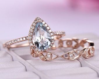 Natural Aquamarine Engagement Ring Set Leaf Branch Band Diamond Rings For Women Blue Gemstone Promise Anniversary Gift 14k Rose Gold Ring