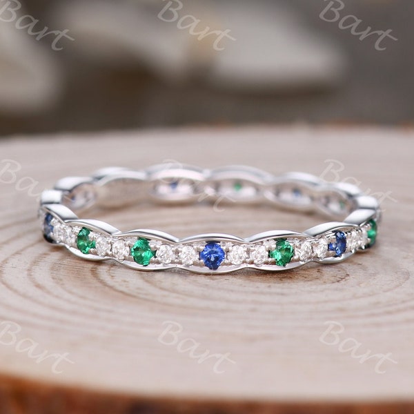 Marquise Wedding Band Sapphire Emerald Moissanite Full Eternity Lab Emerald Sapphire Stackable Matching Ring May June Birthday Gift Bezel