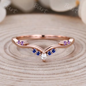 Round Cut Moissanite & Amethyst Curved Wedding band, Vintage 14k rose gold Diamond ring,Bridal Stacking Band,Art Deco Women Anniversary Band