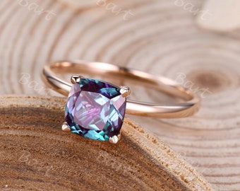 Vintage Alexandrite Engagement Ring 7mm Cushion Cut 14K Rose Gold Solitaire Ring June Birthstone Ring Women Promise Ring Anniversary Gift
