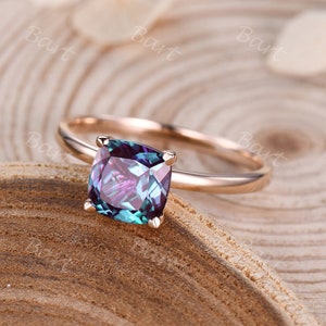 Vintage Alexandrite Engagement Ring 7mm Cushion Cut 14K Rose Gold Solitaire Ring June Birthstone Ring Women Promise Ring Anniversary Gift