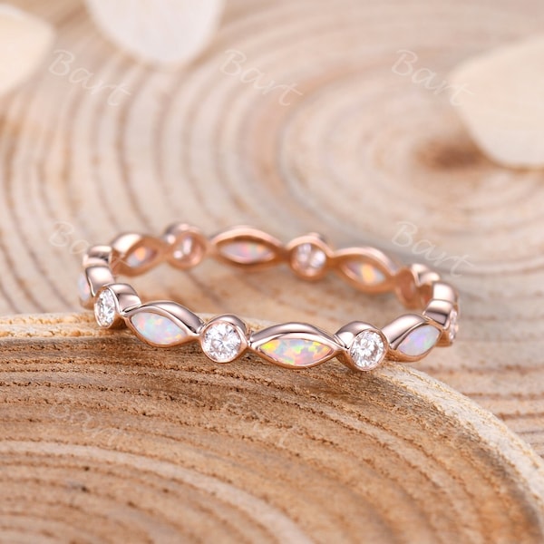 Art Deco Opal Wedding Band 14k Rose Gold Ring Anniversary Gift Ring For Women Unique Moissanite Matching Stacking Ring October Anniversary