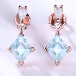 Diamond Shape Light Blue Aquamarine Opal Drop Earring Rhombus Cut March Birthstone Studs Women Lozenge Aqua Dangle Earrings Birthday Gift