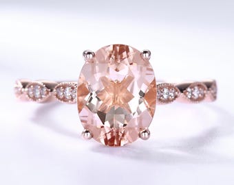 Art Deco Morganite Engagement Ring: 14k Rose Gold Diamond Wedding Band