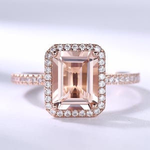 Vintage Emerald Cut Natural Morganite Engagement Ring Unique Diamond Halo Morganite Bridal Ring Rose Gold Diamond Stacking Anniversary Ring