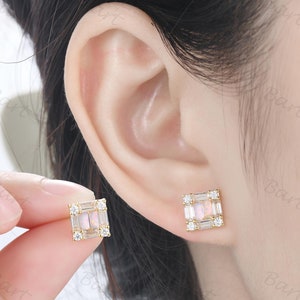 Baguette opal vintage studs, Oct birthstone earring gift Baguette and Round Cut Stud Earring 14k Yellow Gold  Minimalist Dainty Earring Mini